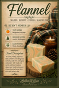 Flannel scent poster for Cabin Fever goat milk soap, with bergamot, orange, amber, mahogany, musk and patchouli notes