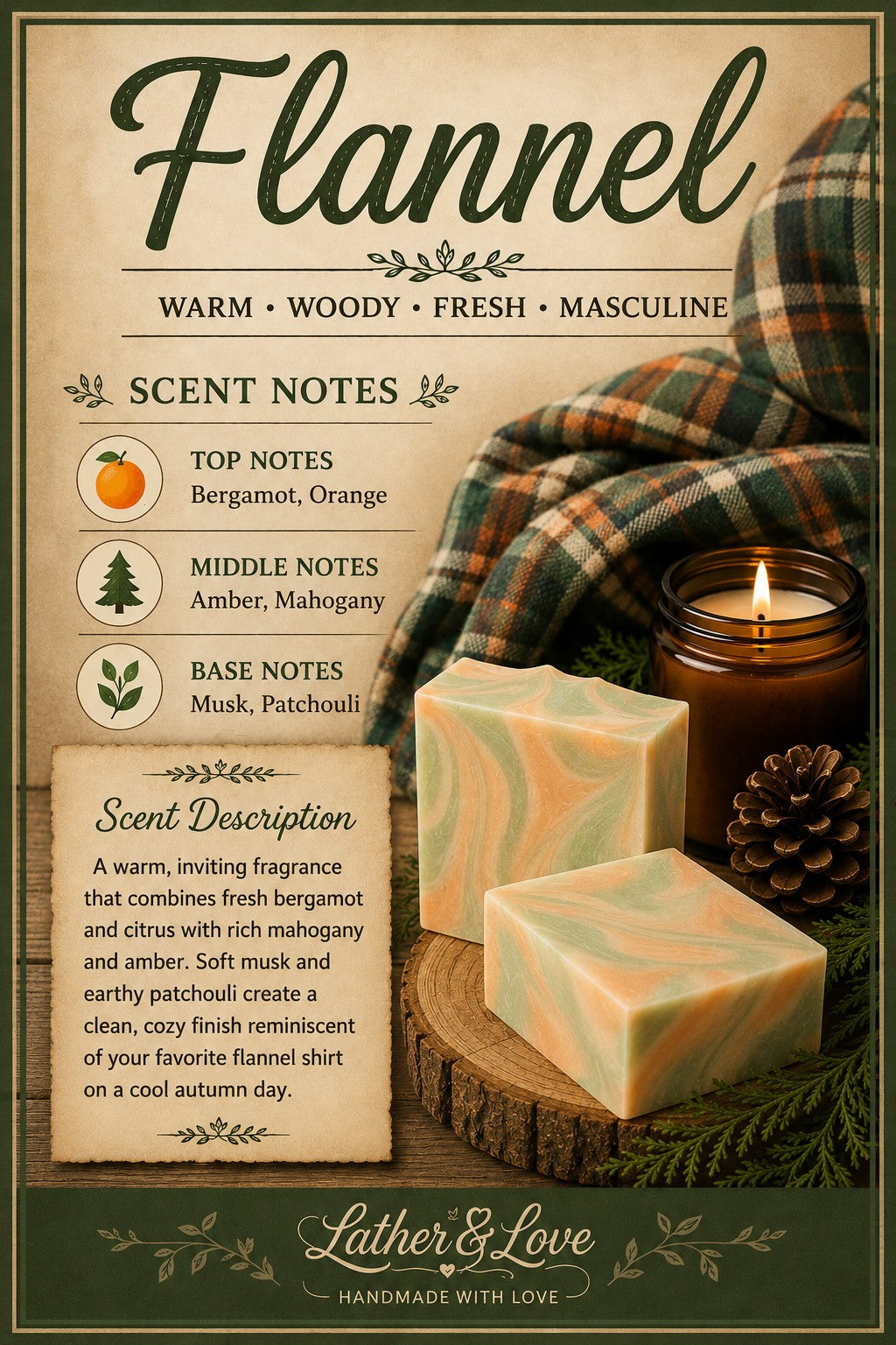 Flannel scent poster for Cabin Fever goat milk soap, with bergamot, orange, amber, mahogany, musk and patchouli notes