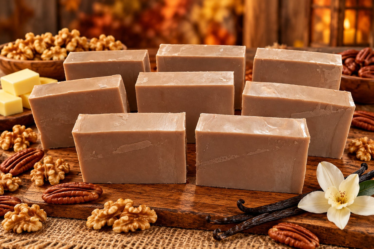 Squirrel’s Stash brown goat milk soap bars with autumn scent props
