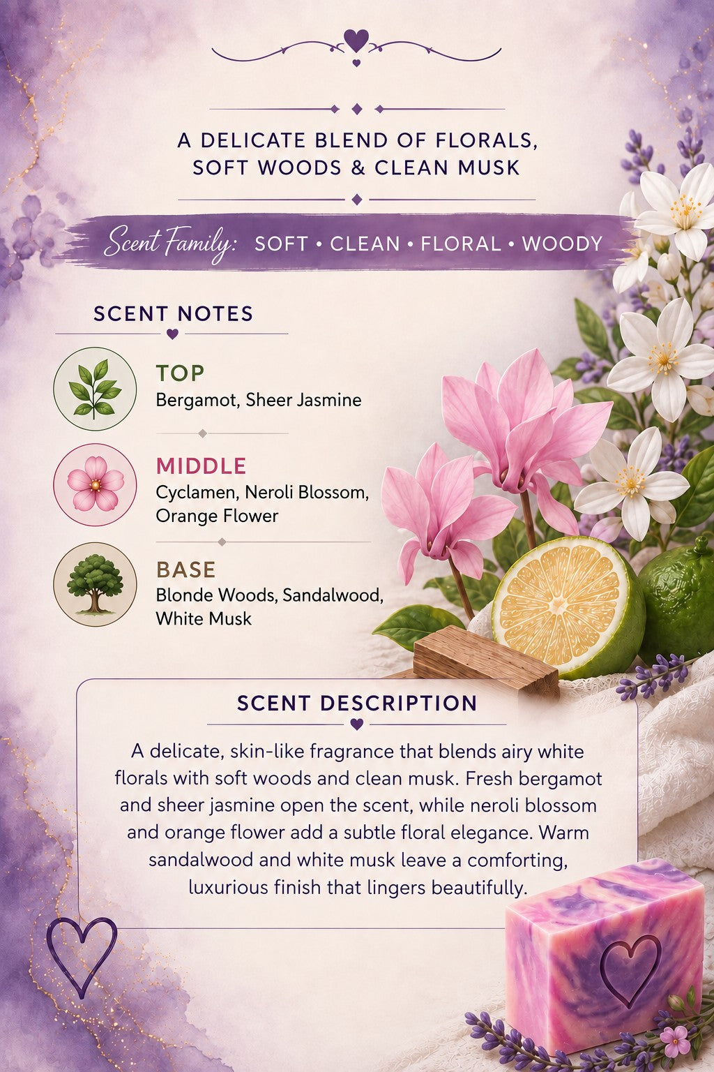 Echo soap scent card with floral, soft woods and clean musk scent notes