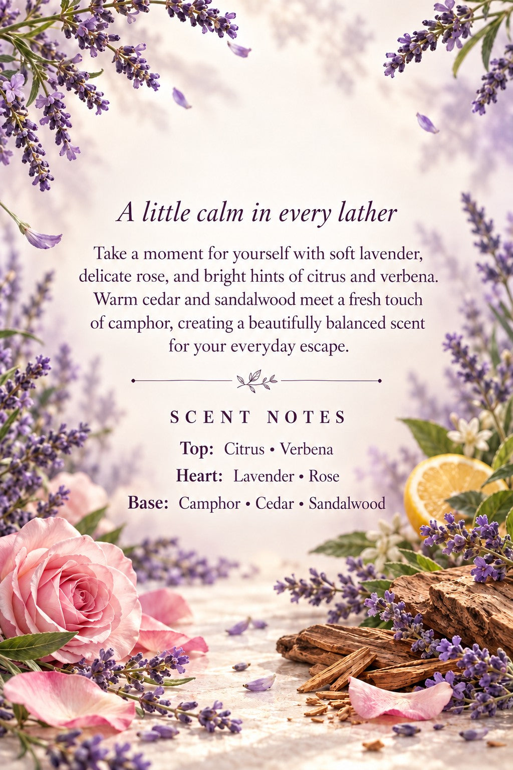 Lavender Fields scent poster: citrus and verbena, lavender and rose, camphor, cedar and sandalwood