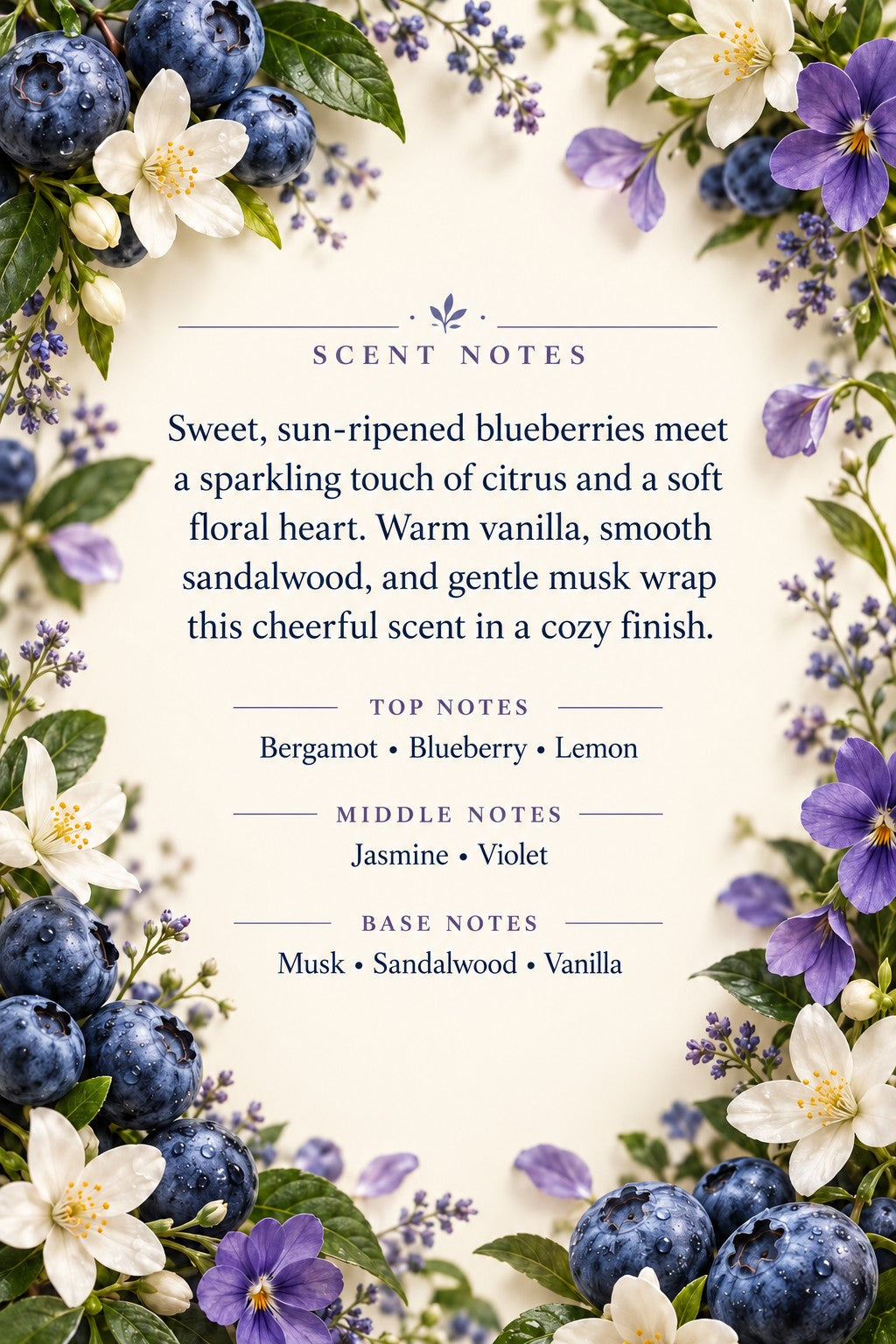 Blueberry Bliss scent poster with bergamot, blueberry, lemon, jasmine, violet, musk, sandalwood and vanilla notes