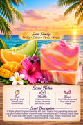 Summer Splash soap scent poster with tropical fruit, citrus, floral and fresh wood notes