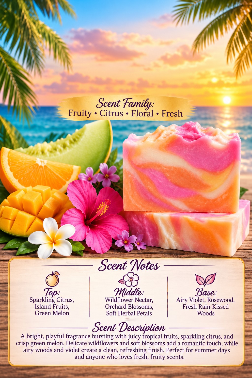 Summer Splash soap scent poster with tropical fruit, citrus, floral and fresh wood notes