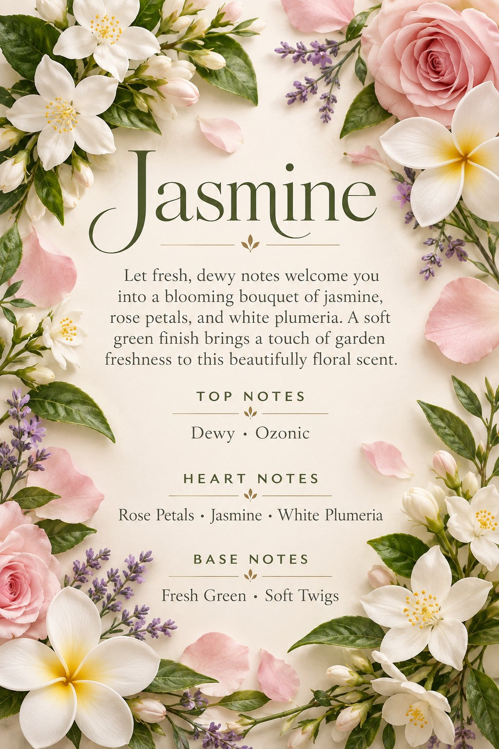 Jasmine Bloom scent poster with dewy, ozonic, rose petal, jasmine, white plumeria and fresh green notes