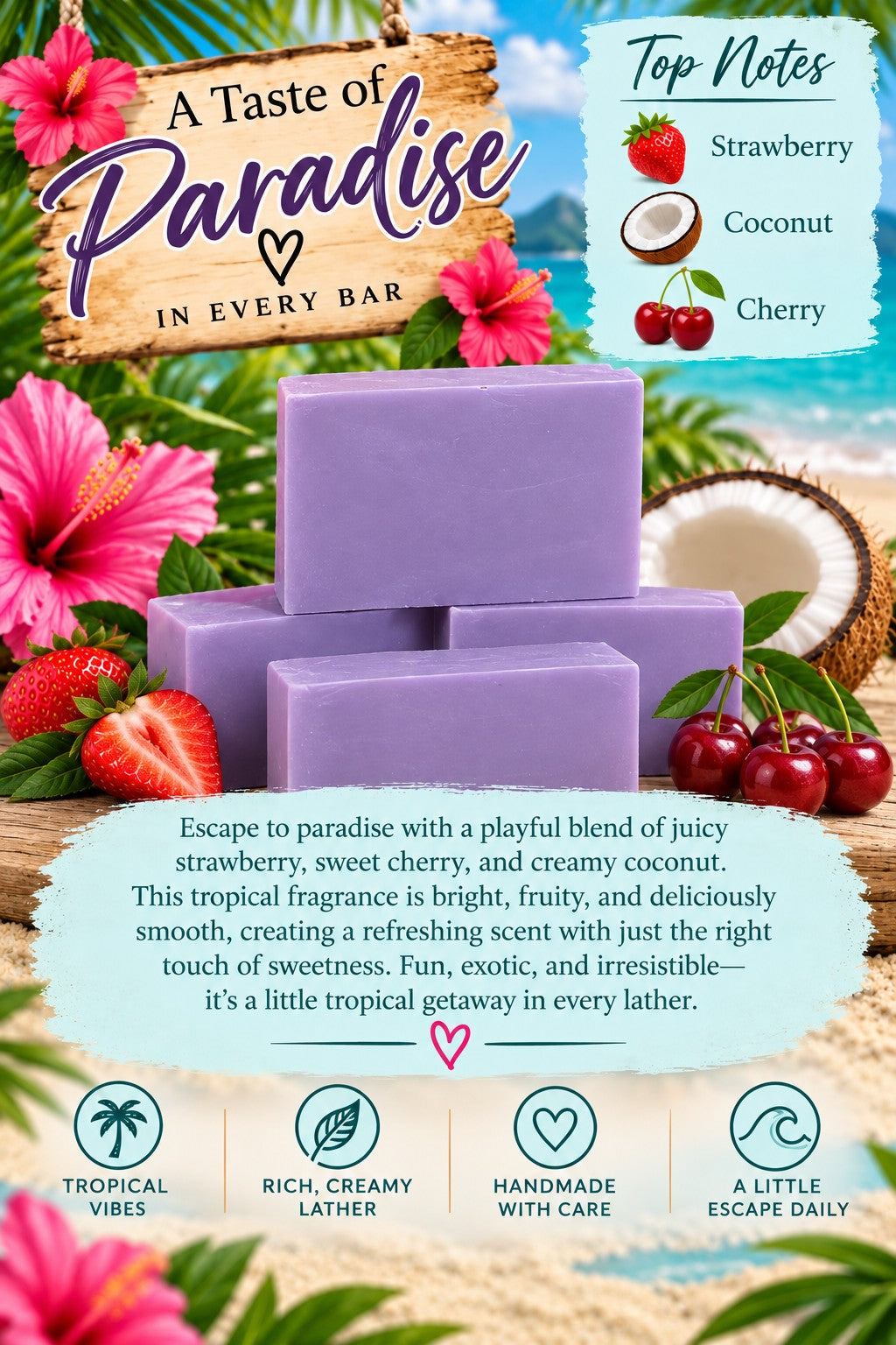 Tropical Crush handmade soap scent poster with strawberry, coconut, cherry, and purple soap bars